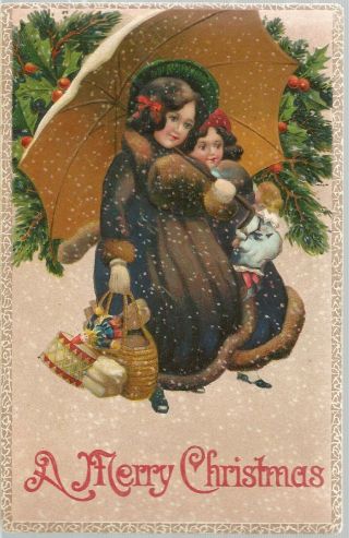 E.  C.  C.  Postcard A Merry Christmas Victorian Girls W/ Umbrella