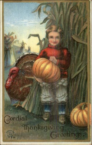 Thanksgiving - Sweet Little Boy Holding Pumpkin - Turkey Corn Field Postcard