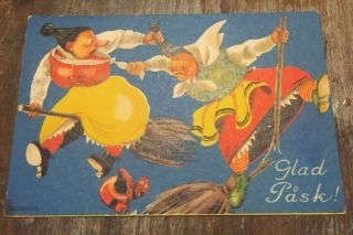 Vintage Swedish Mini Postcard Easter Witch Fighting On Broom Copper Kettle