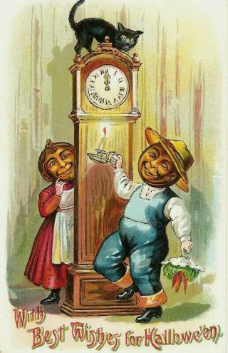 Antique Halloween Postcard Pumpkin - Head Boy & Girl Clock Black Cat Midnight