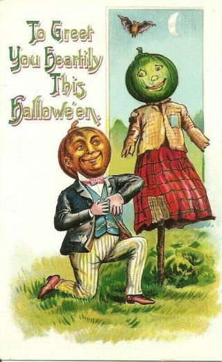 Antique Halloween Postcard Pumpkin - Head Man Courts Green Pumpkin Lady Scarecrow