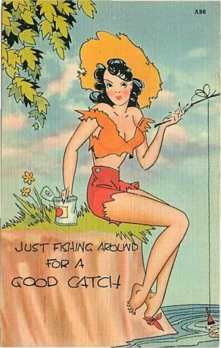 Linen Postcard Sexy Hillbilly Brunette Woman Fishing For A Good Catch