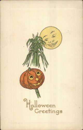Halloween - Jol Cornstalk Man In The Moon Gibson Art C1910 Postcard