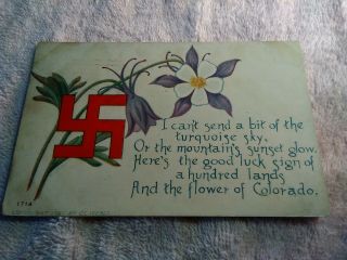 1909 Swastika Good Luck Postcard With Colorado Flower