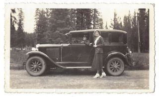Banff Alberta,  Lady With Old Motor Car - Vintage Photograph 1934