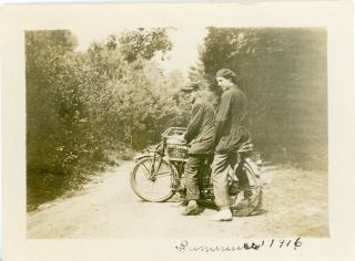 Antique B/w Photo Of Two Men On A 1916 Excelsior " X " Motorbike