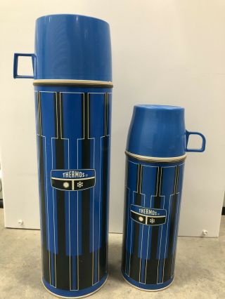 Set Of 2 - Vintage Metal Thermos Bottle King Seeley Blue Black 13.  5 " Tall And 10 "
