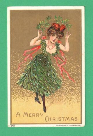 1908 Julius Bien Christmas Postcard Festive Lady Wears Mistletoe Dress Flowers