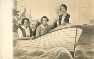 C1910 Sisters In Boat,  Studio Photo - Sioux Falls,  South Dakota Rppc/postcard