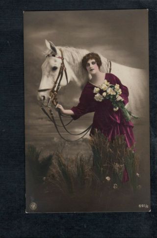 C473 Postcard Hand Tinted Real Photo Woman In Red With White Horse