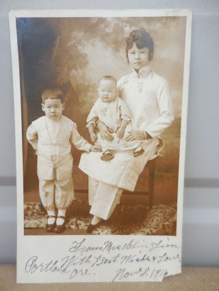 Chinese Woman " Chin Lin " Children Portland Oregon Rppc Postcard 1916