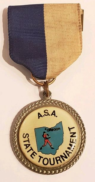 Asa A.  S.  A.  Softball State Tournament Oregon Ohio Award Pin Back Ribbon 3 " High