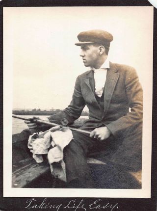 Taking Life Easy - Handsome Young Gentleman Fishing In Boat Vintage Photo 132