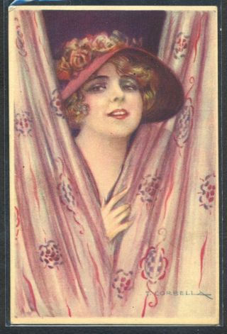 Pf148 Art Deco A/s Corbella Femme Chapeau Rideau Lady Hat Curtain Fine Litho