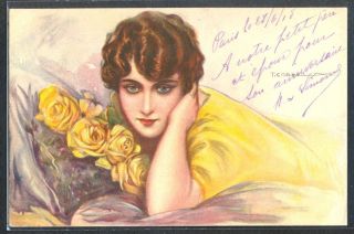 Pf147 Art Deco A/s Corbella Femme Lady Yellow Roses Fine Litho