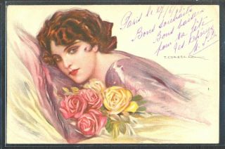 Pf145 Art Deco A/s Corbella Femme Lady Pink & Yellow Roses Fine Litho