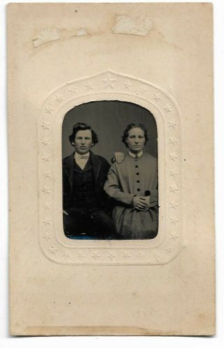 Tintype Photograph Young Couple Husband Wife Embossed Paper Star Shield Frame