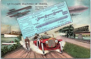Postcard Adams Express Travelers Checks Biplane Zeppelin Auto Train Advertising