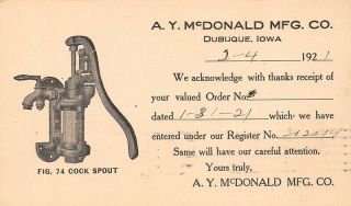 A Y Mcdonald Mfg Dubuque Iowa Fig 74 Cock Spout 1921 Postal Card Ad