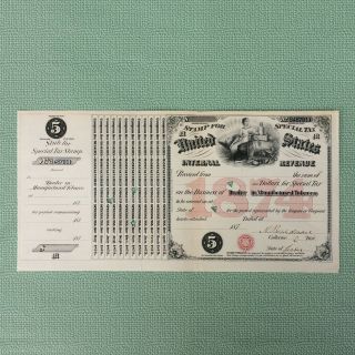 1874 Dealer License Manufactured Tobacco Tax Stamp,  $5.  00 U.  S.  Internal Revenue