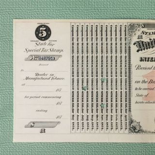 1874 DEALER LICENSE MANUFACTURED TOBACCO TAX STAMP,  $5.  00 U.  S.  INTERNAL REVENUE 3