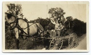 Four Flappers In Buckboard C 1925 Vintage Photograph Sexy Ladies Horse Drawn Old