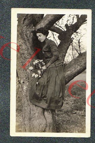Lady W Flowers Sitting In A Tree - Circa 1910 Rppc Photo Grade 5