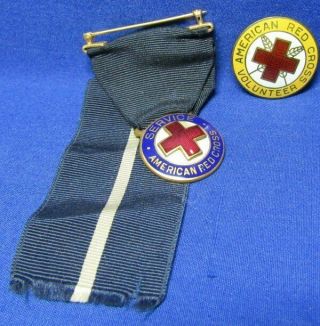 Wwii Sterling American Red Cross Service & Volunteer Pins And Ribbon