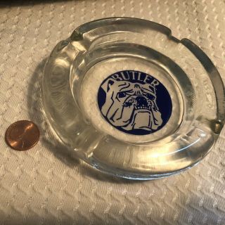 Vintage Bulter University Ashtray,  Glass Ashtray With Blue Bull Dog (mascot)