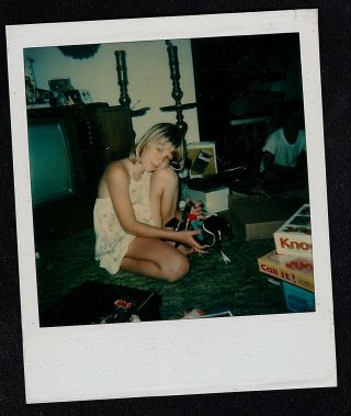 Vintage Polaroid Photograph Young Girl Sitting On Floor By Retro Television Set