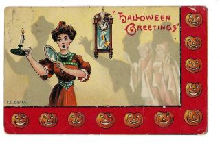 Vintage Halloween Greetings Postcard 1914 E C Banks Lady Scared By Ghosts German