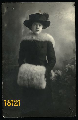Elegant Woman W Muff,  Strange Hat,  By Elektra,  Vintage Photograph,  1910’s Hungar