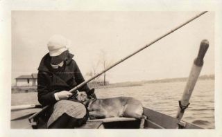 Vintage Photo Snapshot Woman Fishing In Boat Sleeping Dog On Lap 1920s - 30s