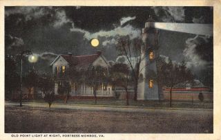 Fortress Monroe Virginia Old Point Light At Night Antique Postcard K88913