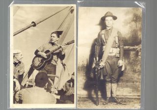 Real Photo Military Wwi Wwii Singing Man With Guitar Soldier Gun Hat Post Card