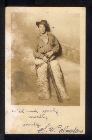 Young Man Cowboy Costume Wooly Chaps Rifle Studio Prop Real Photo Postcard Rppc