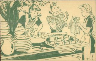 Girl Scouts Camp Comic Postcard - Washing Dishes