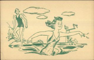 Girl Scouts Camp Comic Postcard - Swimming