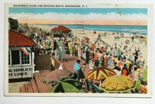 1935 Nj Postcard Manasquan Boardwalk And Bathing Beach Swimmers Umbrellas
