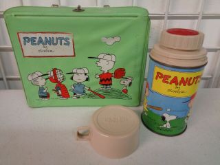 Vintage Peanuts Plastic Vinyl Green Lunchbox W/ Thermos 7