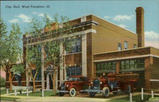West Frankfort Il City Hall Fire Station Trucks C1940s Linen Postcard