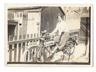 Young Lady Seated On A Motor Bike Reg Ke9016 Vintage Photograph C1935