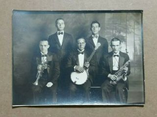Banjo,  Trumpet & Saxophone,  Five Man Band Photo,  Vintage 1910 