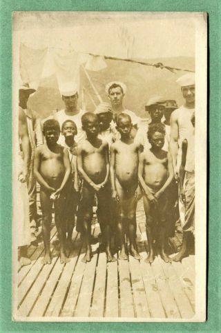 Old Rppc Real Photo Postcard Black Americana Us Sailors With Nude Black Children