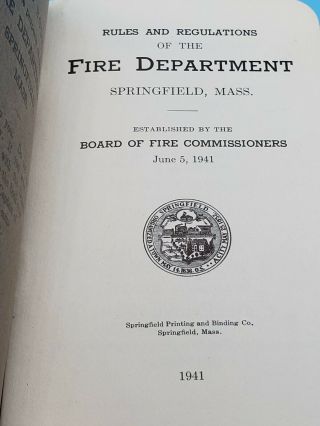 Vtg 1941 Fire Department Rules And Regulation Pocket Size Book Springfield MA 2