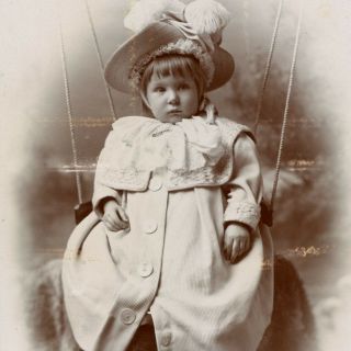 1880s Little Girl On Swing Huge Coat & Hat Barry Glamorgan Cabinet Card Photo