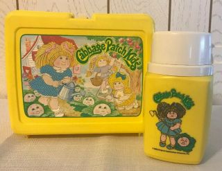 Vintage Cabbage Patch Kid School Lunch Box Kit Set Thermos Extra Lids Guc Yellow