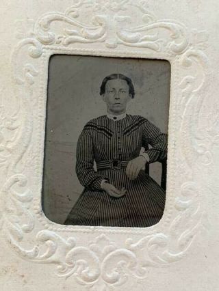 Antique Tintype Photo 1800s Civil War Era Woman Striped Dress