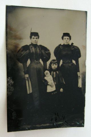 Antique Tintype Photo 2 Lovely Young Women & Cute Little Girl Holding China Doll