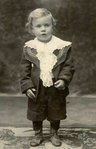 Antique Matted Photo Adorable Little Boy W Ruffled Shirt Jacket Well - Worn Shoes